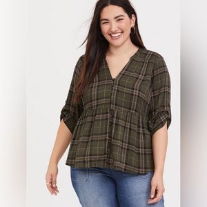Plaid V-Neck Women Top - Olive Green